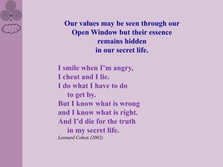 Our values may be seen through our
   Open Window but their essence
            remains hidden
           in our secret life.

I smile when I‟m angry,
I cheat and I lie.
I do what I have to do
   to get by.
But I know what is wrong
and I know what is right.
And I‟d die for the truth
   in my secret life.
Leonard Cohen (2002)
 