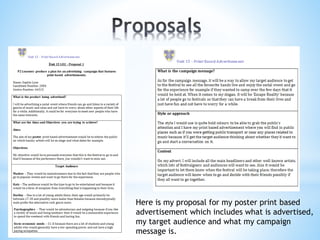 Here is my proposal for my poster print based
advertisement which includes what is advertised,
my target audience and what my campaign
message is.
 