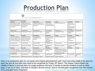 Here is my production plan for my poster print based advertisement and I have said what needs to be done for
each day and all the tasks that need to be completed for Friday 18th March. The reason I have chosen the
middle of March is because then my target audience will have 3 months to decide whether to and on what
days, if not all of them, and then it wouldn’t be last minute. Also it will help gain recognition over the months
to try and gain more consumers. http://smallbusiness.chron.com/advertising-production-process-45162.html
 