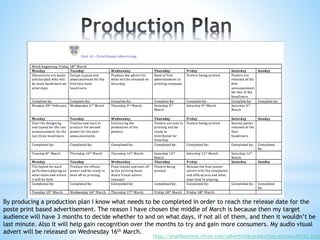 By producing a production plan I know what needs to be completed in order to reach the release date for the
poste print based advertisement. The reason I have chosen the middle of March is because then my target
audience will have 3 months to decide whether to and on what days, if not all of them, and then it wouldn’t be
last minute. Also it will help gain recognition over the months to try and gain more consumers. My audio visual
advert will be released on Wednesday 16th March.
http://smallbusiness.chron.com/advertising-production-process-45162.html
 