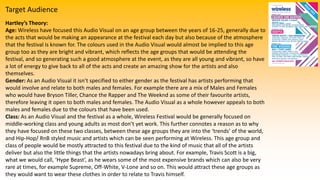 Target Audience
Hartley’s Theory:
Age: Wireless have focused this Audio Visual on an age group between the years of 16-25, generally due to
the acts that would be making an appearance at the festival each day but also because of the atmosphere
that the festival is known for. The colours used in the Audio Visual would almost be implied to this age
group too as they are bright and vibrant, which reflects the age groups that would be attending the
festival, and so generating such a good atmosphere at the event, as they are all young and vibrant, so have
a lot of energy to give back to all of the acts and create an amazing show for the artists and also
themselves.
Gender: As an Audio Visual it isn’t specified to either gender as the festival has artists performing that
would involve and relate to both males and females. For example there are a mix of Males and Females
who would have Bryson Tiller, Chance the Rapper and The Weeknd as some of their favourite artists,
therefore leaving it open to both males and females. The Audio Visual as a whole however appeals to both
males and females due to the colours that have been used.
Class: As an Audio Visual and the festival as a whole, Wireless Festival would be generally focused on
middle-working class and young adults as most don’t yet work. This further connotes a reason as to why
they have focused on these two classes, between these age groups they are into the ‘trends’ of the world,
and Hip-Hop/ RnB styled music and artists which can be seen performing at Wireless. This age group and
class of people would be mostly attracted to this festival due to the kind of music that all of the artists
deliver but also the little things that the artists nowadays bring about. For example, Travis Scott is a big,
what we would call, ‘Hype Beast’, as he wears some of the most expensive brands which can also be very
rare at times, for example Supreme, Off-White, V-Lone and so on. This would attract these age groups as
they would want to wear these clothes in order to relate to Travis himself.
 