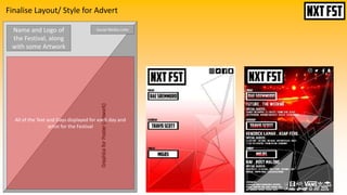 Finalise Layout/ Style for Advert
Name and Logo of
the Festival, along
with some Artwork
All of the Text and Days displayed for each day and
artist for the Festival
Social Media Links
 