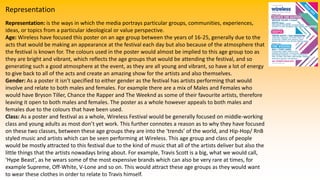 Representation
Representation: is the ways in which the media portrays particular groups, communities, experiences,
ideas, or topics from a particular ideological or value perspective.
Age: Wireless have focused this poster on an age group between the years of 16-25, generally due to the
acts that would be making an appearance at the festival each day but also because of the atmosphere that
the festival is known for. The colours used in the poster would almost be implied to this age group too as
they are bright and vibrant, which reflects the age groups that would be attending the festival, and so
generating such a good atmosphere at the event, as they are all young and vibrant, so have a lot of energy
to give back to all of the acts and create an amazing show for the artists and also themselves.
Gender: As a poster it isn’t specified to either gender as the festival has artists performing that would
involve and relate to both males and females. For example there are a mix of Males and Females who
would have Bryson Tiller, Chance the Rapper and The Weeknd as some of their favourite artists, therefore
leaving it open to both males and females. The poster as a whole however appeals to both males and
females due to the colours that have been used.
Class: As a poster and festival as a whole, Wireless Festival would be generally focused on middle-working
class and young adults as most don’t yet work. This further connotes a reason as to why they have focused
on these two classes, between these age groups they are into the ‘trends’ of the world, and Hip-Hop/ RnB
styled music and artists which can be seen performing at Wireless. This age group and class of people
would be mostly attracted to this festival due to the kind of music that all of the artists deliver but also the
little things that the artists nowadays bring about. For example, Travis Scott is a big, what we would call,
‘Hype Beast’, as he wears some of the most expensive brands which can also be very rare at times, for
example Supreme, Off-White, V-Lone and so on. This would attract these age groups as they would want
to wear these clothes in order to relate to Travis himself.
 