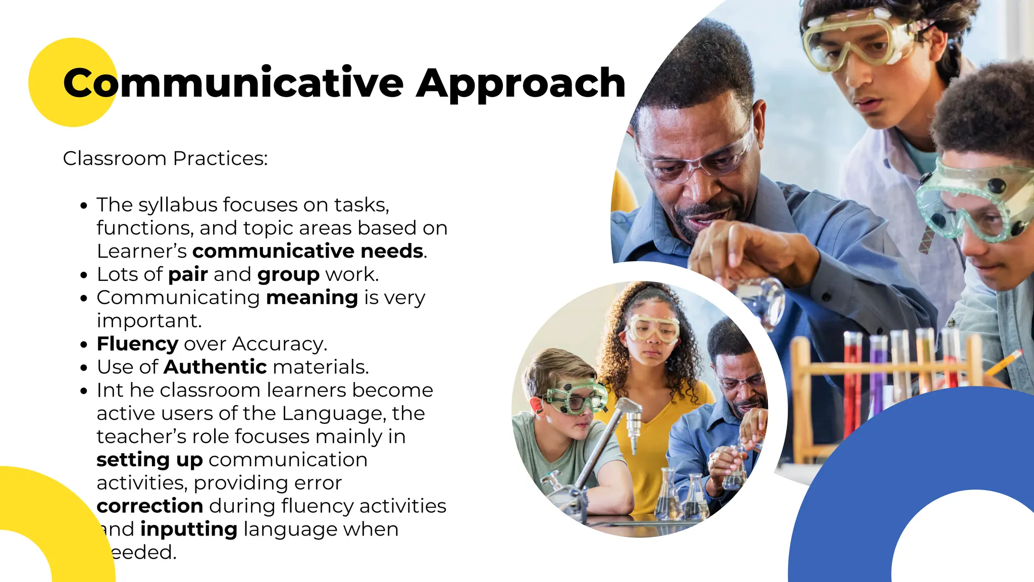 Communicative Approach
Classroom Practices:
The syllabus focuses on tasks,
functions, and topic areas based on
Learner’s communicative needs.
Lots of pair and group work.
Communicating meaning is very
important.
Fluency over Accuracy.
Use of Authentic materials.
Int he classroom learners become
active users of the Language, the
teacher’s role focuses mainly in
setting up communication
activities, providing error
correction during fluency activities
and inputting language when
needed.
 