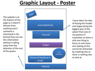 Graphic Layout - Poster
Jump Masthead
“Festival”
Slogan
Puff
Promotion
Website
Picture of Hands as a
crowd
I have taken the idea
of having the header
and slogan being the
biggest part of the
advert from one of
my posters of
inspiration as there is
only one thing to
focus on and some
one looking at this
cannot be distracted
by anything else as
there is nothing else
to look at.
The website is at
the bottom of the
page as is doesn’t
distract from
anything and if
someone is
interested in the
festival they can see
this information
without it taking
away from the
attention of the rest
of the poster.
 