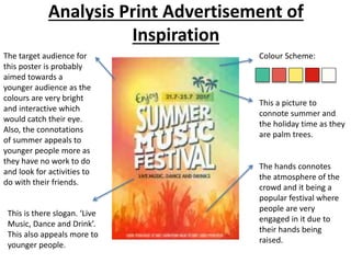 Analysis Print Advertisement of
Inspiration
Colour Scheme:
This a picture to
connote summer and
the holiday time as they
are palm trees.
The hands connotes
the atmosphere of the
crowd and it being a
popular festival where
people are very
engaged in it due to
their hands being
raised.
The target audience for
this poster is probably
aimed towards a
younger audience as the
colours are very bright
and interactive which
would catch their eye.
Also, the connotations
of summer appeals to
younger people more as
they have no work to do
and look for activities to
do with their friends.
This is there slogan. ‘Live
Music, Dance and Drink’.
This also appeals more to
younger people.
 