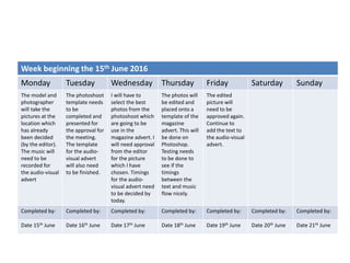 Week beginning the 15th June 2016
Monday Tuesday Wednesday Thursday Friday Saturday Sunday
The model and
photographer
will take the
pictures at the
location which
has already
been decided
(by the editor).
The music will
need to be
recorded for
the audio-visual
advert
The photoshoot
template needs
to be
completed and
presented for
the approval for
the meeting.
The template
for the audio-
visual advert
will also need
to be finished.
I will have to
select the best
photos from the
photoshoot which
are going to be
use in the
magazine advert. I
will need approval
from the editor
for the picture
which I have
chosen. Timings
for the audio-
visual advert need
to be decided by
today.
The photos will
be edited and
placed onto a
template of the
magazine
advert. This will
be done on
Photoshop.
Testing needs
to be done to
see if the
timings
between the
text and music
flow nicely.
The edited
picture will
need to be
approved again.
Continue to
add the text to
the audio-visual
advert.
Completed by: Completed by: Completed by: Completed by: Completed by: Completed by: Completed by:
Date 15th June Date 16th June Date 17th June Date 18th June Date 19th June Date 20th June Date 21th June
 