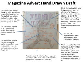 Magazine Advert Hand Drawn Draft
This is the header which is the
festivals name. It takes up
almost half of the page so
that it attracts the audiences
attention to read it. This
should be the first thing they
read so that it boost brand
knowledge. The colour is also
purple so it has a nice
distinctive contrast between
the text.
This is where all of the artists
names will go. They will be in
different fonts which
represent the type of artist
they are. This is the most
important part of the
magazine advert as this will
convince people the most to
go.
This visualizes the date of
the event which is important
for people who want to go.
This is why it is in-between
the header and the artist
names. So when people look
closer they may read this.
This is the festivals website where people can
buy tickets. It fits nicely at the bottom and this
is also where the telephone number is.
The background is going
to be a sunset which
heavily connotes the
summer theme of the
festival.
This is someone jumping.
This connotes to the
festival header. They are a
shadow as the audience
can imagine themselves as
the person.
This is a puff
promotion so that the
audience can clearly
see the price of tickets
 