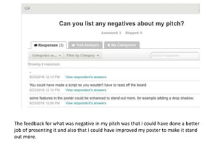The feedback for what was negative in my pitch was that I could have done a better
job of presenting it and also that I could have improved my poster to make it stand
out more.
 