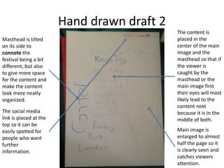 Hand drawn draft 2
Masthead is tilted
on its side to
connote the
festival being a bit
different, but also
to give more space
for the content and
make the content
look more neatly
organized.
The content is
placed in the
center of the main
image and the
masthead so that if
the viewer is
caught by the
masthead or the
main image first
their eyes will most
likely lead to the
content next
because it is in the
middle of both.
The social media
link is placed at the
top so it can be
easily spotted for
people who want
further
information.
Main image is
enlarged to almost
half the page so it
is clearly seen and
catches viewers
attention.
 