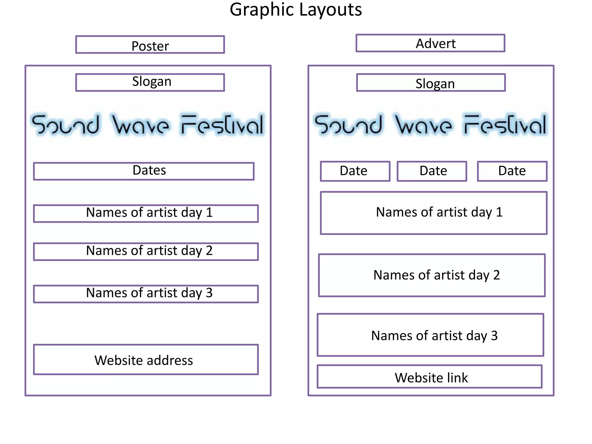 Graphic Layouts
Slogan
Poster
Dates
Names of artist day 1
Names of artist day 2
Names of artist day 3
Website address
Slogan
Date Date Date
Names of artist day 1
Names of artist day 2
Names of artist day 3
Advert
Website link
 