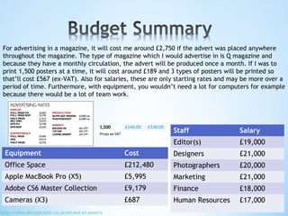 For advertising in a magazine, it will cost me around £2,750 if the advert was placed anywhere
throughout the magazine. The type of magazine which I would advertise in is Q magazine and
because they have a monthly circulation, the advert will be produced once a month. If I was to
print 1,500 posters at a time, it will cost around £189 and 3 types of posters will be printed so
that’ll cost £567 (ex-VAT). Also for salaries, these are only starting rates and may be more over a
period of time. Furthermore, with equipment, you wouldn’t need a lot for computers for example
because there would be a lot of team work.
http://www.alocalprinter.co.uk/a4-and-a3-posters
Staff Salary
Editor(s) £19,000
Designers £21,000
Photographers £20,000
Marketing £21,000
Finance £18,000
Human Resources £17,000
Equipment Cost
Office Space £212,480
Apple MacBook Pro (X5) £5,995
Adobe CS6 Master Collection £9,179
Cameras (X3) £687
 