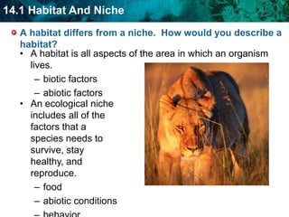 A habitat differs from a niche.  How would you describe a habitat? A habitat is all aspects of the area in which an organism lives.biotic factorsabiotic factorsAn ecological niche includes all of the factors that a species needs to survive, stay healthy, and reproduce.
