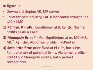 Prabha Panth 6
In figure 1:
• Downward sloping AR, MR curves.
• Constant cost industry, LAC is horizontal straight line.
LAC = LMC
1) PC firm: P = oPc. Equilibrium at B, Q= Qc. Normal
profits as AR = LACc.
2) Monopoly firm: P = Pm. Equilibrium at m, MC=MR,
MC. Q = Qm. Abnormal profits = PcPmA m.
3)Limit Price firm: price fixed at Pl > Pc, but < Pm.
Point of entry of potential firms. Abnormal profits =
PcPl CC1 < Monopoly profits, but > perfect
competition.
 