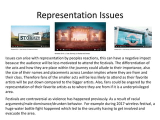 Representation Issues
Issues can arise with representation by peoples reactions, this can have a negative impact
because the audience will be less motivated to attend the festivals. The differentiation of
the acts and how they are place within the journey could allude to their importance, also
the size of their names and placements across London implies where they are from and
their class. Therefore fans of the smaller acts will be less likely to attend as their favorite
artists will be put down compared to the bigger artists. Also, fans could be angered by the
representation of their favorite artists as to where they are from if it is a underprivileged
area.
Festivals are controversial as violence has happened previously. As a result of racial
arguments/male dominance/drunken behavior. For example during 2017 wireless festival, a
huge water bottle fight happened which led to the security having to get involved and
evacuate the area.
 