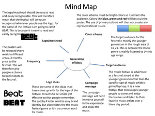 MindMap
Generation
of ideas
Target audience
Logo/masthead
Frequency
Color scheme
Logo ideas Campaign
message
The color scheme must be bright colors so it attracts the
audience. Colors like blue, green and red will best suit the
poster. The use of primary colours will then not create any
representational issues.
The target audience for the
festival is mainly the younger
generation in the rough area of
16-21. This is because the music
genre is mainly listened to by this
age range.
The logo/masthead should be easy to read
and easily recognizable. This will therefore
mean that the festival will be easier
recognized whenever people see the logo. For
the name of the festival I am going to call it
BEAT. This is because it is easy to read and
easily recognized
The posters will
be released every
week in different
areas, 3 months
prior to the
festival. This will
therefore give
people a chance
to book tickets to
the festival .
These are some of the ideas that I
have come up with for the logo of the
festival. It needs to be simple yet
effective so that people remember.
The catchy 4 letter word is easy brand
identity but also relates the the music
festival genre as it is a common word
for music.
The music festival is advertised
as a festival aimed at the
younger generation that likes the
specific type of music which is
grime/hip hop. It is a new
festival that encourages younger
people to come and enjoy
themselves and listen to their
favorite music artists over a
three day period.
The campaign
message will be to
immerse yourself
in the experience
and enjoy the
music
 