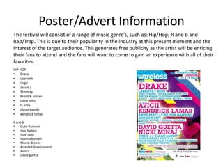 Poster/Advert Information
HIP HOP
• Drake
• Labrinth
• Logic
• Jessie J
• Stormzy
• Krept & konan
• Little simz
• G easy
• Clean bandit
• Kendrick lamar
R and B
• Duke Dumont
• Joey badass
• Fuse ODG
• ilovemakonnen
• Moosh & twist
• Arrested development
• Avicci
• David guetta
The festival will consist of a range of music genre’s, such as: Hip/Hop; R and B and
Rap/Trap. This is due to their popularity in the industry at this present moment and the
interest of the target audience. This generates free publicity as the artist will be enticing
their fans to attend and the fans will want to come to gain an experience with all of their
favorites.
 