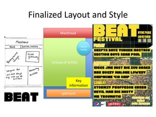 Finalized Layout and Style
Masthead
Lineup of artists
Social
media
sponsors
Key
information
 