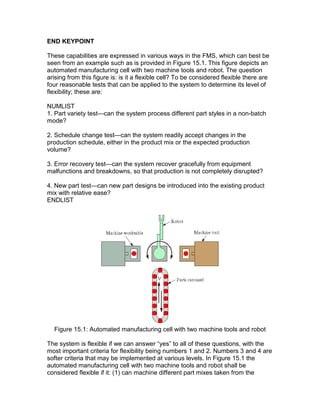 END KEYPOINT
These capabilities are expressed in various ways in the FMS, which can best be
seen from an example such as is provided in Figure 15.1. This figure depicts an
automated manufacturing cell with two machine tools and robot. The question
arising from this figure is: is it a flexible cell? To be considered flexible there are
four reasonable tests that can be applied to the system to determine its level of
flexibility; these are:
NUMLIST
1. Part variety test—can the system process different part styles in a non-batch
mode?
2. Schedule change test—can the system readily accept changes in the
production schedule, either in the product mix or the expected production
volume?
3. Error recovery test—can the system recover gracefully from equipment
malfunctions and breakdowns, so that production is not completely disrupted?
4. New part test—can new part designs be introduced into the existing product
mix with relative ease?
ENDLIST
Figure 15.1: Automated manufacturing cell with two machine tools and robot
The system is flexible if we can answer “yes” to all of these questions, with the
most important criteria for flexibility being numbers 1 and 2. Numbers 3 and 4 are
softer criteria that may be implemented at various levels. In Figure 15.1 the
automated manufacturing cell with two machine tools and robot shall be
considered flexible if it: (1) can machine different part mixes taken from the
 