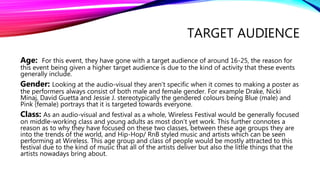 TARGET AUDIENCE
Age: For this event, they have gone with a target audience of around 16-25, the reason for
this event being given a higher target audience is due to the kind of activity that these events
generally include.
Gender: Looking at the audio-visual they aren’t specific when it comes to making a poster as
the performers always consist of both male and female gender. For example Drake, Nicki
Minaj, David Guetta and Jessie J. stereotypically the gendered colours being Blue (male) and
Pink (female) portrays that it is targeted towards everyone.
Class: As an audio-visual and festival as a whole, Wireless Festival would be generally focused
on middle-working class and young adults as most don’t yet work. This further connotes a
reason as to why they have focused on these two classes, between these age groups they are
into the trends of the world, and Hip-Hop/ RnB styled music and artists which can be seen
performing at Wireless. This age group and class of people would be mostly attracted to this
festival due to the kind of music that all of the artists deliver but also the little things that the
artists nowadays bring about.
 