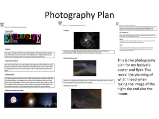 Photography Plan
This is the photography
plan for my festival’s
poster and flyer. This
reveal the planning of
what I need when
taking the image of the
night sky and also the
moon.
 