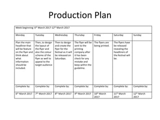 Production Plan
Week beginning: 6th March 2017-12th March 2017
Monday Tuesday Wednesday Thursday Friday Saturday Sunday
Plan the main
headliner that
will be feature
on the flyer and
think about
what
information
should be
included.
Then, to design
the layout of
the flyer and
also the colour
scheme of the
flyer as well to
appeal to the
target audience
Then to design
and create the
flyer for the
festival as it will
be released on
Saturdays.
The flyer will be
sent to the
printing
company after
it has been
check for any
mistake and
keep within the
guideline.
The flyers are
being printed.
The flyers have
be released
revealing the
headliners of
the festival will
be.
Complete by: Complete by: Complete by: Complete by: Complete by: Complete by: Complete by:
6th March 2017 7th March 2017 8th March 2017 9th March 2017 10th March
2017
11th March
2017
12th March
2017
 