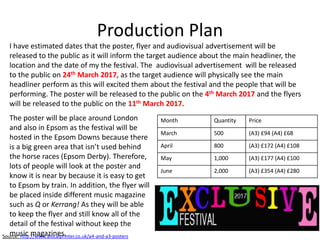 Production Plan
Month Quantity Price
March 500 (A3) £94 (A4) £68
April 800 (A3) £172 (A4) £108
May 1,000 (A3) £177 (A4) £100
June 2,000 (A3) £354 (A4) £280
I have estimated dates that the poster, flyer and audiovisual advertisement will be
released to the public as it will inform the target audience about the main headliner, the
location and the date of my the festival. The audiovisual advertisement will be released
to the public on 24th March 2017, as the target audience will physically see the main
headliner perform as this will excited them about the festival and the people that will be
performing. The poster will be released to the public on the 4th March 2017 and the flyers
will be released to the public on the 11th March 2017.
The poster will be place around London
and also in Epsom as the festival will be
hosted in the Epsom Downs because there
is a big green area that isn’t used behind
the horse races (Epsom Derby). Therefore,
lots of people will look at the poster and
know it is near by because it is easy to get
to Epsom by train. In addition, the flyer will
be placed inside different music magazine
such as Q or Kerrang! As they will be able
to keep the flyer and still know all of the
detail of the festival without keep the
music magazines.Source: http://www.alocalprinter.co.uk/a4-and-a3-posters
 