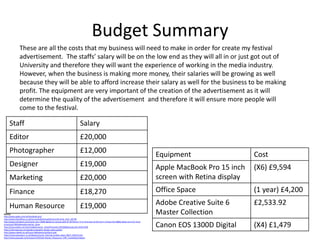 Budget Summary
Equipment Cost
Apple MacBook Pro 15 inch
screen with Retina display
(X6) £9,594
Office Space (1 year) £4,200
Adobe Creative Suite 6
Master Collection
£2,533.92
Canon EOS 1300D Digital (X4) £1,479
Staff Salary
Editor £20,000
Photographer £12,000
Designer £19,000
Marketing £20,000
Finance £18,270
Human Resource £19,000
These are all the costs that my business will need to make in order for create my festival
advertisement. The staffs’ salary will be on the low end as they will all in or just got out of
University and therefore they will want the experience of working in the media industry.
However, when the business is making more money, their salaries will be growing as well
because they will be able to afford increase their salary as well for the business to be making
profit. The equipment are very important of the creation of the advertisement as it will
determine the quality of the advertisement and therefore it will ensure more people will
come to the festival.
Source:
http://www.apple.com/uk/macbook-pro/
http://www.flexioffices.co.uk/surrey/leatherhead/thorncroft-drive_kt22_id3758
http://www.johnlewis.com/canon-eos-1300d-digital-slr-camera-with-ef-18-55mm-f-3-5-5-6-iii-lens-ef-50-mm-f-1-8-lens-hd-1080p-18mp-wi-fi-nfc-3-lcd-
screen/p2739525#media-overlay_show
http://shop.adobe.com/store/adbehme/en_IE/pd/ThemeID.29250800/productID.249257200
https://adremgroup.com/guidance/graphic-design-salary-guide/
http://www.indeed.co.uk/Junior-Marketing-Assistant-jobs
https://www.glassdoor.co.uk/Salaries/junior-financial-analyst-salary-SRCH_KO0,24.htm
http://www.payscale.com/research/UK/Job=Human_Resources_(HR)_Coordinator/Salary
 