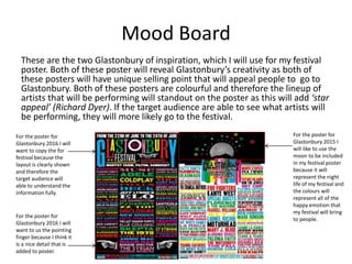 Mood Board
These are the two Glastonbury of inspiration, which I will use for my festival
poster. Both of these poster will reveal Glastonbury’s creativity as both of
these posters will have unique selling point that will appeal people to go to
Glastonbury. Both of these posters are colourful and therefore the lineup of
artists that will be performing will standout on the poster as this will add ‘star
appeal’ (Richard Dyer). If the target audience are able to see what artists will
be performing, they will more likely go to the festival.
For the poster for
Glastonbury 2015 I
will like to use the
moon to be included
in my festival poster
because it will
represent the night
life of my festival and
the colours will
represent all of the
happy emotion that
my festival will bring
to people.
For the poster for
Glastonbury 2016 I will
want to copy the for
festival because the
layout is clearly shown
and therefore the
target audience will
able to understand the
information fully.
For the poster for
Glastonbury 2016 I will
want to us the pointing
finger because I think it
is a nice detail that is
added to poster.
 