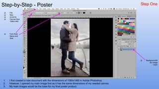 Step-by-Step - Poster Step One
1. I first created a new document with the dimensions of 1080x1460 in Adobe Photoshop
2. However, I opened my main image first as it has the same dimensions of my needed canvas
3. My main images would be the base for my final poster product.
❏ File
❏ New
❏ (Cmd N)
❏ Canvas Size
1080x1460
❏ Background/M
ain Image
Layer
❏ Font Style
Name and
Size
 