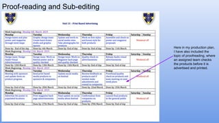 Proof-reading and Sub-editing
Here in my production plan,
I have also included the
topic of proofreading, where
an assigned team checks
the products before it is
advertised and printed.
 