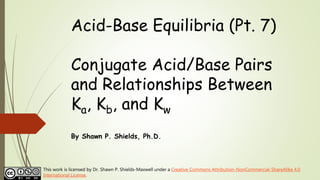 Acid-Base Equilibria (Pt. 7)
Conjugate Acid/Base Pairs
and Relationships Between
Ka, Kb, and Kw
By Shawn P. Shields, Ph.D.
This work is licensed by Dr. Shawn P. Shields-Maxwell under a Creative Commons Attribution-NonCommercial-ShareAlike 4.0
International License.
 
