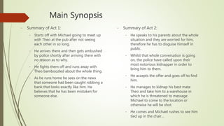 Main Synopsis
- Summary of Act 1:
- Starts off with Michael going to meet up
with Theo at the pub after not seeing
each other in so long.
- He arrives there and then gets ambushed
by police shortly after arriving there with
no reason as to why.
- He fights them off and runs away with
Theo bamboozled about the whole thing.
- As he runs home he sees on the news
that someone had been caught robbing a
bank that looks exactly like him. He
believes that he has been mistaken for
someone else.
- Summary of Act 2:
- He speaks to his parents about the whole
situation and they are worried for him,
therefore he has to disguise himself in
public.
- Whilst that whole conversation is going
on, the police have called upon their
most notorious kidnapper in order to
bring him to them.
- He accepts the offer and goes off to find
him.
- He manages to kidnap his best mate
Theo and take him to a warehouse in
which he is threatened to message
Michael to come to the location or
otherwise he will be shot.
- He comes and Michael rushes to see him
tied up in the chair…
 