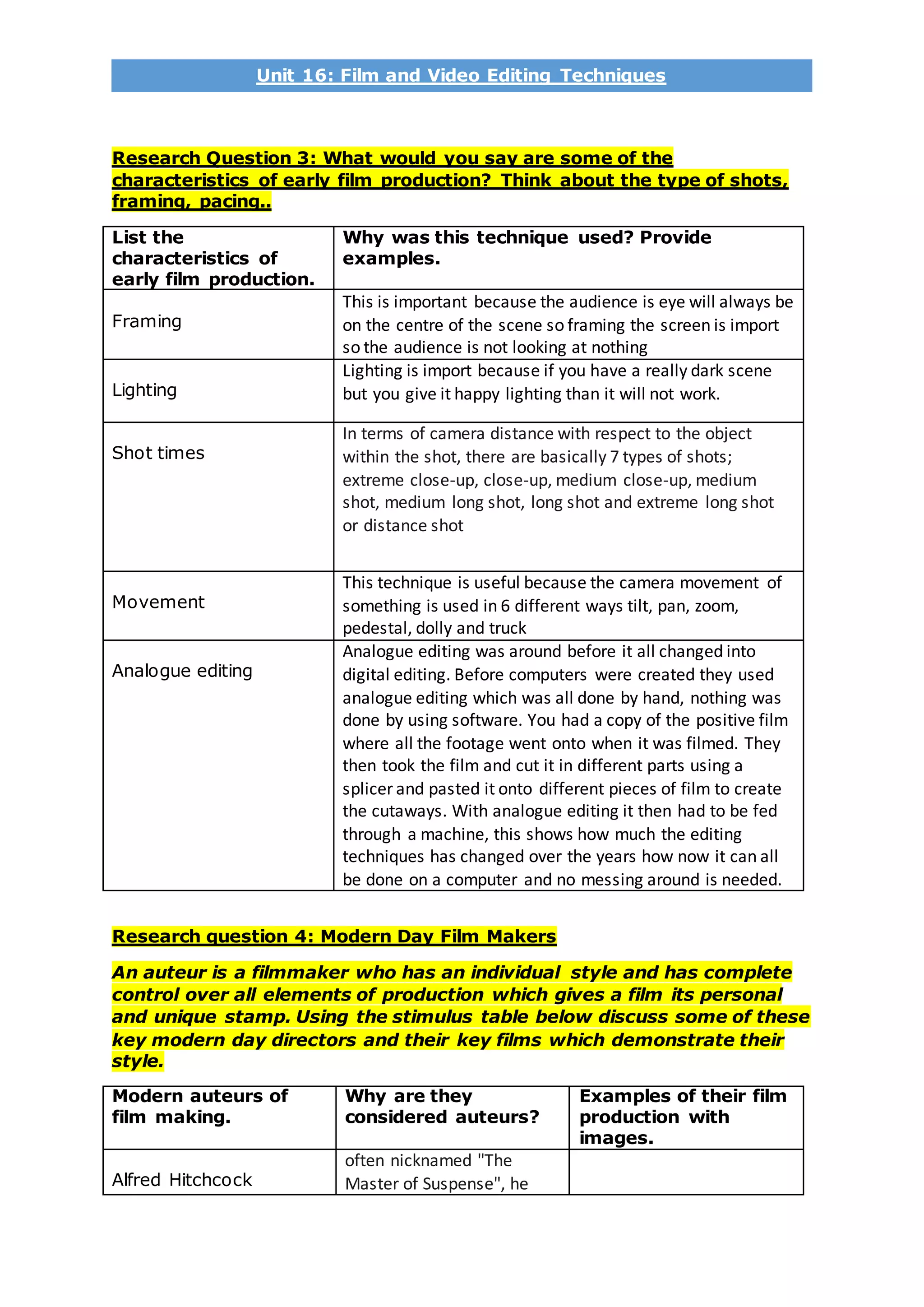 Unit 16: Film and Video Editing Techniques
Research Question 3: What would you say are some of the
characteristics of early film production? Think about the type of shots,
framing, pacing..
List the
characteristics of
early film production.
Why was this technique used? Provide
examples.
Framing
This is important because the audience is eye will always be
on the centre of the scene so framing the screen is import
so the audience is not looking at nothing
Lighting
Lighting is import because if you have a really dark scene
but you give it happy lighting than it will not work.
Shot times
In terms of camera distance with respect to the object
within the shot, there are basically 7 types of shots;
extreme close-up, close-up, medium close-up, medium
shot, medium long shot, long shot and extreme long shot
or distance shot
Movement
This technique is useful because the camera movement of
something is used in 6 different ways tilt, pan, zoom,
pedestal, dolly and truck
Analogue editing
Analogue editing was around before it all changed into
digital editing. Before computers were created they used
analogue editing which was all done by hand, nothing was
done by using software. You had a copy of the positive film
where all the footage went onto when it was filmed. They
then took the film and cut it in different parts using a
splicer and pasted it onto different pieces of film to create
the cutaways. With analogue editing it then had to be fed
through a machine, this shows how much the editing
techniques has changed over the years how now it can all
be done on a computer and no messing around is needed.
Research question 4: Modern Day Film Makers
An auteur is a filmmaker who has an individual style and has complete
control over all elements of production which gives a film its personal
and unique stamp. Using the stimulus table below discuss some of these
key modern day directors and their key films which demonstrate their
style.
Modern auteurs of
film making.
Why are they
considered auteurs?
Examples of their film
production with
images.
Alfred Hitchcock
often nicknamed "The
Master of Suspense", he
 