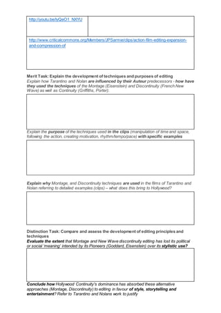 http://youtu.be/lyQeO1_NXYU
http://www.criticalcommons.org/Members/JPSarmie/clips/action-film-editing-expansion-
and-compression-of
Merit Task: Explain the development of techniques and purposes of editing
Explain how Tarantino and Nolan are influenced by their Auteur predecessors - how have
they used the techniques of the Montage (Eisenstein) and Discontinuity (French New
Wave) as well as Continuity (Griffiths, Porter).
Explain the purpose of the techniques used in the clips (manipulation of time and space,
following the action, creating motivation, rhythm/tempo/pace) with specific examples
Explain why Montage, and Discontinuity techniques are used in the films of Tarantino and
Nolan referring to detailed examples (clips) – what does this bring to Hollywood?
Distinction Task: Compare and assess the development of editing principles and
techniques
Evaluate the extent that Montage and New Wave discontinuity editing has lost its political
or social ‘meaning’ intended by its Pioneers (Goddard, Eisenstein) over its stylistic use?
Conclude how Hollywood Continuity's dominance has absorbed these alternative
approaches (Montage, Discontinuity) to editing in favour of style, storytelling and
entertainment? Refer to Tarantino and Nolans work to justify
 