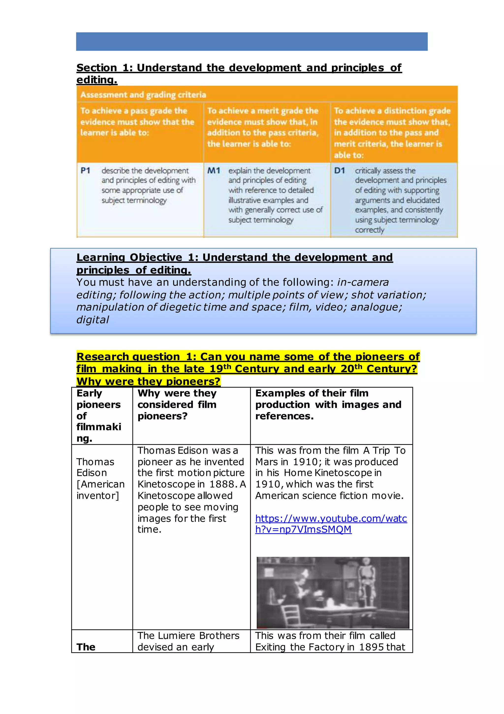 Section 1: Understand the development and principles of
editing.
Learning Objective 1: Understand the development and
principles of editing.
You must have an understanding of the following: in-camera
editing; following the action; multiple points of view; shot variation;
manipulation of diegetic time and space; film, video; analogue;
digital
Research question 1: Can you name some of the pioneers of
film making in the late 19th Century and early 20th Century?
Why were they pioneers?
Early
pioneers
of
filmmaki
ng.
Why were they
considered film
pioneers?
Examples of their film
production with images and
references.
Thomas
Edison
[American
inventor]
Thomas Edison was a
pioneer as he invented
the first motion picture
Kinetoscope in 1888. A
Kinetoscope allowed
people to see moving
images for the first
time.
This was from the film A Trip To
Mars in 1910; it was produced
in his Home Kinetoscope in
1910, which was the first
American science fiction movie.
https://www.youtube.com/watc
h?v=np7VImsSMQM
The
The Lumiere Brothers
devised an early
This was from their film called
Exiting the Factory in 1895 that
 