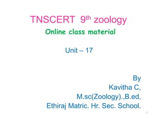 TNSCERT 9th zoology
Online class material
Unit – 17
By
Kavitha C,
M.sc(Zoology).,B.ed,
Ethiraj Matric. Hr. Sec. School.
1
 