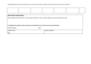 ProvidingEvidence forUnit1: P4, M4, D4. Unit2: P1, M1, D1, P2, M2, D2, P3, M3, D3, P4, M4, D4, P5, M5, D5. Unit4: P3, M3, D3.
Action Plan (to improve grade):
Group presented their product well. They may have benefited from using a script to organise who was talking at which points.
I understand the contents of this action plan and realise that it is up to me to act on the advice given
Student Signature: Date:
Assessor name:
Date:
Assessor signature:
 