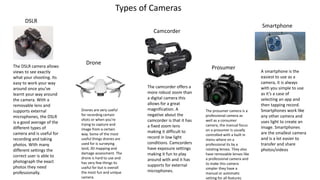 Types of Cameras
DSLR
Drone
Camcorder
Prosumer
Smartphone
A smartphone is the
easiest to use as a
camera, it is always
with you simple to use
as it’s a case of
selecting an app and
then tapping record.
Smartphones work like
any other camera and
uses light to create an
image. Smartphones
are the smallest camera
and is a lot easier to
transfer and share
photos/videos
The prosumer camera is a
professional camera as
well as a consumer
camera, the manual focus
on a prosumer is usually
controlled with a built in
menu where on a
professional its by a
rotating lenses. They also
have removable lenses like
a professional camera and
to make this camera
simpler they have a
manual or automatic
setting for all features
The camcorder offers a
more robust zoom than
a digital camera this
allows for a great
magnification. A
negative about the
camcorder is that it has
a fixed zoom lens
making it difficult to
record in low light
conditions. Camcorders
have exposure settings
making it fun to play
around with and it has
supports for external
microphones.
Drones are very useful
for recording certain
shots or when you're
trying to capture and
image from a certain
way. Some of the most
useful things drones are
used for is surveying
land, 3D mapping and
damage assessment. The
drone is hard to use and
has very few things its
useful for but is overall
the most fun and unique
camera.
The DSLR camera allows
views to see exactly
what your shooting. Its
easy to work your way
around once you’ve
learnt your way around
the camera. With a
removable lens and
supports external
microphones, the DSLR
is a good average of the
different types of
camera and is useful for
recording and taking
photos. With many
different settings the
correct user is able to
photograph the exact
photos they need
professionally.
 