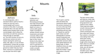 Mounts
Jib/Crane
Dolly Tri-pod
Slider
The best camera sliders
will help you create silky
smooth tracking shots, to
bring dynamism and
impact to your videos.
These long rails enable
smooth manoeuvring, so
you can incorporate
camera movements into
your video with finesse.
Your camera is mounted
onto sliding metal rails,
which then moves
smoothly across the
length whilst shooting so
that’s why its so smooth
when looking at the
shots, you can also put
the slider on your
shoulder if your needing
to get a difficult shot
The tri-pod is used for
stills and where the
cameraman doesn’t want
the camera moving at all
so it sits at the top of the
tripod and then records
everything until you stop
it. Tripods are used for
both motion and still
photography to prevent
camera movement and
provide stability. They are
especially necessary when
slow-speed exposures are
being made, or when
telephoto lenses are used,
as any camera shake
while the shutter is open
will produce a blurred
image.
A dolly shot is a
television and
filmmaking technique
that helps directors and
cinematographers add
depth to a scene. A
camera dolly system
makes it possible to
achieve smooth camera
movements and create
cinematic effects that
can bring a whole new
layer to your movie.
Similar to the slider but
instead it has wheels
and a tri-pod will sit in
on top of the wheels to
create a smooth
movement effect.
In cinematography, a jib is
any boom device used to mount a
camera on one end, and a
counterweight with camera
controls on the other. In principle,
it operates like a see-saw, with the
balance point located closer to the
counterweight, which allows the
end of the arm with the camera to
move through an extended
arc. The main function of a jib is to
extend your camera out over a
tripod, moving the camera up,
down, left, right, or in any of those
combinations. Certain jibs can keep
the camera level and parallel to the
ground no matter how you move
them. A jib sits on a tripod and it
can also pan from left to right.
 