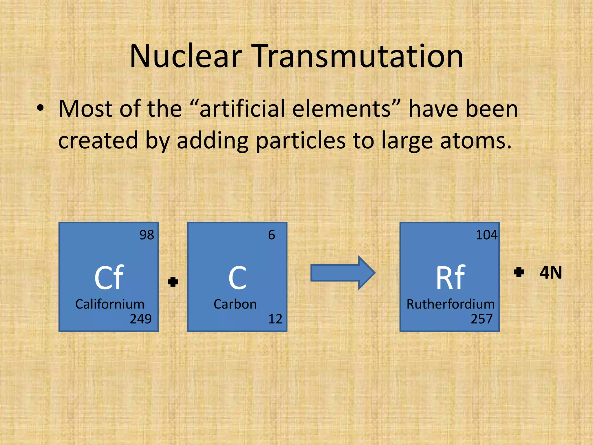 Nuclear TransmutationMost of the “artificial elements” have been created by adding particles to large atoms.Cf98C6Rf1044NCaliforniumCarbonRutherfordium24912257