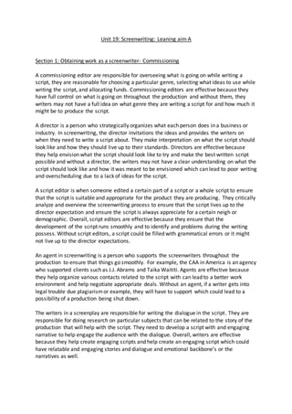 Unit 19 screenwriting- learning aim a and b | DOCX