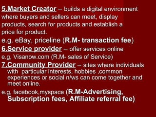 5.Market Creator5.Market Creator –– builds a digital environmentbuilds a digital environment
where buyers and sellers can meet, displaywhere buyers and sellers can meet, display
products, search for products and establish aproducts, search for products and establish a
price for product.price for product.
e.g. eBay, priceline (e.g. eBay, priceline (R.M- transaction feeR.M- transaction fee))
6.Service provider6.Service provider –– offer services onlineoffer services online
e.g, Visanow.com (R.M- sales of Service)e.g, Visanow.com (R.M- sales of Service)
7.Community Provider7.Community Provider –– sites where individualssites where individuals
with particular interests, hobbies ,commonwith particular interests, hobbies ,common
experiences or social n/ws can come together andexperiences or social n/ws can come together and
meet online.meet online.
e.g, facebook,myspacee.g, facebook,myspace ((R.M-Advertising,R.M-Advertising,
Subscription fees, Affiliate referral fee)Subscription fees, Affiliate referral fee)
 