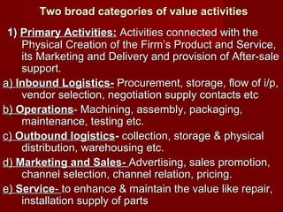 Two broad categories of value activitiesTwo broad categories of value activities
1)1) Primary Activities:Primary Activities: Activities connected with theActivities connected with the
Physical Creation of the Firm’s Product and Service,Physical Creation of the Firm’s Product and Service,
its Marketing and Delivery and provision of After-saleits Marketing and Delivery and provision of After-sale
support.support.
a)a) Inbound Logistics-Inbound Logistics- Procurement, storage, flow of i/p,Procurement, storage, flow of i/p,
vendor selection, negotiation supply contacts etcvendor selection, negotiation supply contacts etc
b)b) OperationsOperations- Machining, assembly, packaging,- Machining, assembly, packaging,
maintenance, testing etc.maintenance, testing etc.
c)c) Outbound logisticsOutbound logistics-- collection, storage & physicalcollection, storage & physical
distribution, warehousing etc.distribution, warehousing etc.
d)d) Marketing and Sales-Marketing and Sales- Advertising, sales promotion,Advertising, sales promotion,
channel selection, channel relation, pricing.channel selection, channel relation, pricing.
e)e) ServiceService-- to enhance & maintain the value like repair,to enhance & maintain the value like repair,
installation supply of partsinstallation supply of parts
 