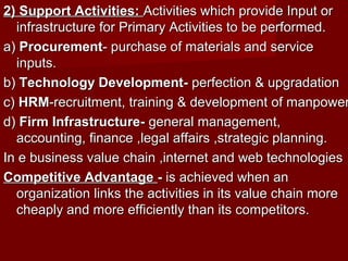 2) Support Activities:2) Support Activities: Activities which provide Input orActivities which provide Input or
infrastructure for Primary Activities to be performed.infrastructure for Primary Activities to be performed.
a)a) ProcurementProcurement- purchase of materials and service- purchase of materials and service
inputs.inputs.
b)b) Technology Development-Technology Development- perfection & upgradationperfection & upgradation
c)c) HRMHRM-recruitment, training & development of manpower-recruitment, training & development of manpower
d)d) Firm Infrastructure-Firm Infrastructure- general management,general management,
accounting, finance ,legal affairs ,strategic planning.accounting, finance ,legal affairs ,strategic planning.
In e business value chain ,internet and web technologiesIn e business value chain ,internet and web technologies
Competitive AdvantageCompetitive Advantage -- is achieved when anis achieved when an
organization links the activities in its value chain moreorganization links the activities in its value chain more
cheaply and more efficiently than its competitors.cheaply and more efficiently than its competitors.
 