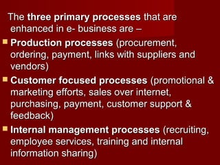 TheThe three primary processesthree primary processes that arethat are
enhanced in e- business are –enhanced in e- business are –
 Production processesProduction processes (procurement,(procurement,
ordering, payment, links with suppliers andordering, payment, links with suppliers and
vendors)vendors)
 Customer focused processesCustomer focused processes (promotional &(promotional &
marketing efforts, sales over internet,marketing efforts, sales over internet,
purchasing, payment, customer support &purchasing, payment, customer support &
feedback)feedback)
 Internal management processesInternal management processes (recruiting,(recruiting,
employee services, training and internalemployee services, training and internal
information sharing)information sharing)
 