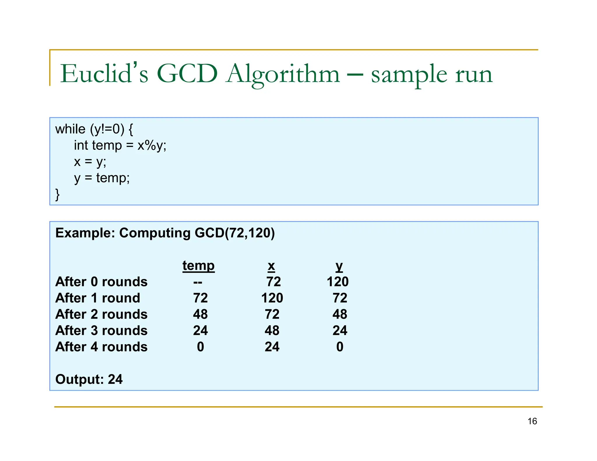 Euclid’s GCD Algorithm – sample run
while (y!=0) {
int temp = x%y;
x = y;
y = temp;
}
Example: Computing GCD(72,120)
16
Example: Computing GCD(72,120)
temp x y
After 0 rounds -- 72 120
After 1 round 72 120 72
After 2 rounds 48 72 48
After 3 rounds 24 48 24
After 4 rounds 0 24 0
Output: 24
 