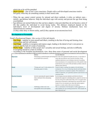 4
which she or he will be punished
• Moral Anxiety—fear of one’s own conscience. People with a well-developed conscience tend to
feel guilty when they do something contrary to their moral code.
• When the ego cannot control anxiety by rational and direct methods, it relies on indirect ones—
namely, ego-defense behavior. Help the individual cope with anxiety and prevent the ego from being
overwhelmed.
• Ego defenses are normal behaviors that can have adaptive value provided they do not become a style of
life that enables the individual to avoid facing reality. The defenses employed depend on the
individual’s level of development and degree of anxiety. Defense mechanisms have two
characteristicsin common:
(1) they either deny or distort reality, and (2) they operate on an unconscious level.
Development of Personality
Freud’s Psychosexual Stages: (See section 4.2f for full details)
• Oral Stage—inability to trust oneself and others, resulting in the fear of loving and forming close
relationships and low self-esteem
• Anal Stage—inability to recognize and express anger, leading to the denial of one’s own power as
a person and the lack of a sense of autonomy.
• Phallic Stage—inability to fully accept one’s sexuality and sexual feelings, and also to difficulty
in accepting oneself as a man or woman.
• According to the Freudian psychoanalytic view, these three areas of personal and social development
— love and trust, dealing with negative feelings, and developing a positive acceptance of sexuality—
are all grounded in the first six years of life. When a child’s needs are not adequately met during these
stages of development, an individual may become fixated at that stage and behave in psychologically
immature ways later on in life
 