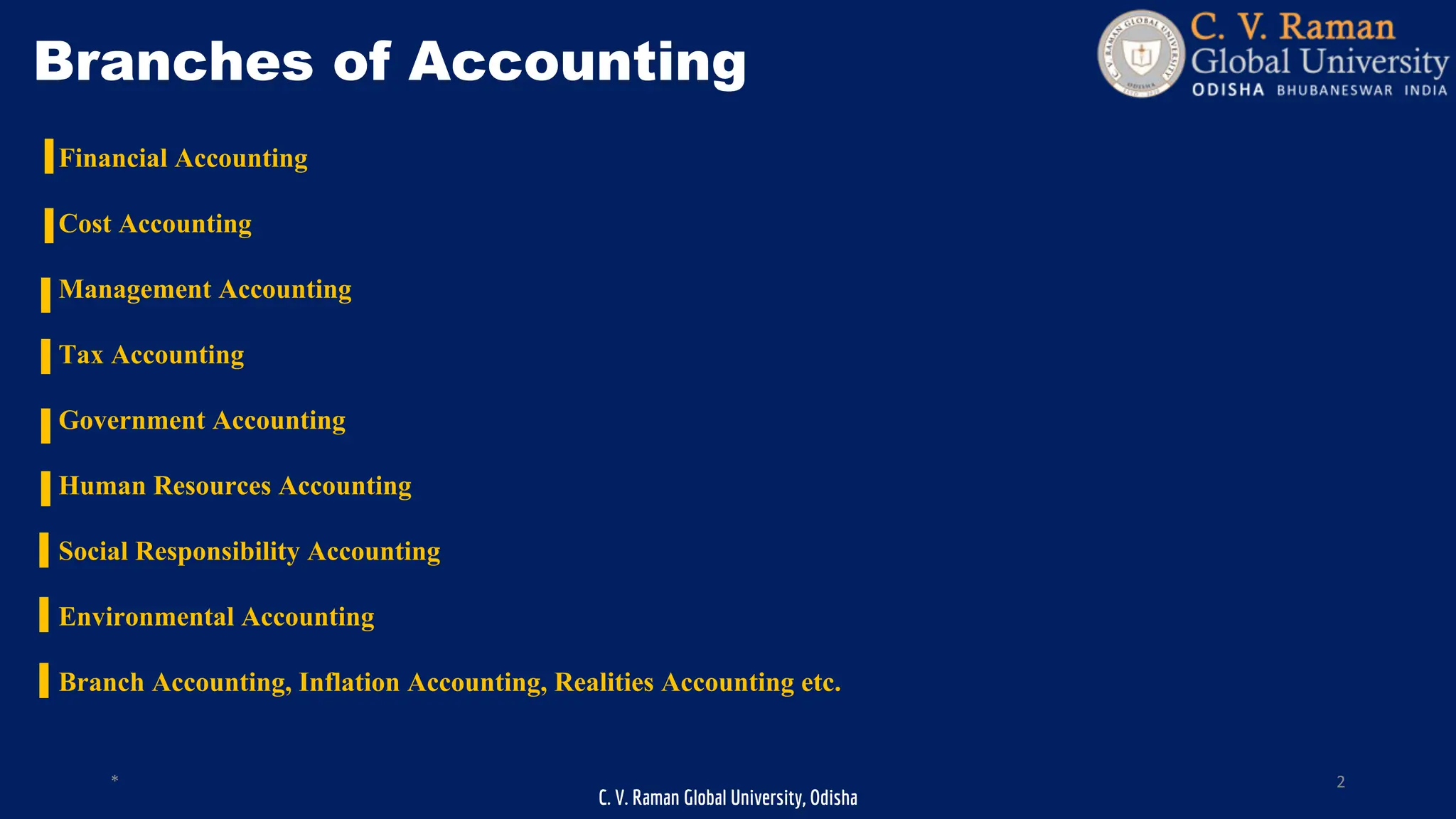 C. V. Raman Global University, Odisha
* 2
Branches of Accounting
Financial Accounting
Cost Accounting
Management Accounting
Tax Accounting
Government Accounting
Human Resources Accounting
Social Responsibility Accounting
Environmental Accounting
Branch Accounting, Inflation Accounting, Realities Accounting etc.
 