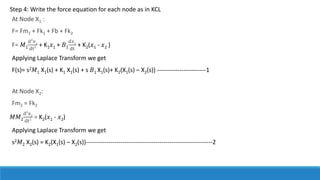 At Node X1 :
F= Fm1 + Fk1 + Fb + Fk2
F= 𝑀1
d2
𝑥1
dt2 + K1𝑥1 + 𝐵1
d𝑥1
dt
+ K2(𝑥1 - 𝑥2 )
Applying Laplace Transform we get
F(s)= s2𝑀1 X1(s) + K1 X1(s) + s 𝐵1 X1(s)+ K2(X1(s) – X2(s)) ------------------------1
At Node X2:
Fm2 = Fk2
𝑀
𝑀 2
d2
x2
dt2 = K2(𝑥1 - 𝑥2)
Applying Laplace Transform we get
s2𝑀2 X2(s) = K2(X1(s) – X2(s))--------------------------------------------------------------2
Step 4: Write the force equation for each node as in KCL
 